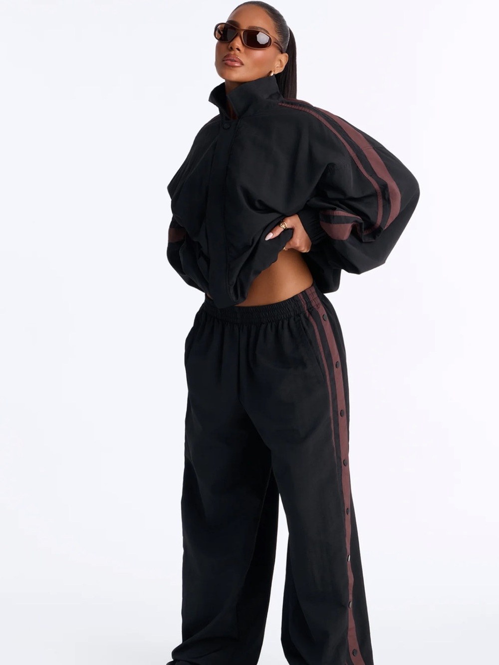 Fashion Nova Black Wide-Leg Tracksuit with Brown Side Stripes